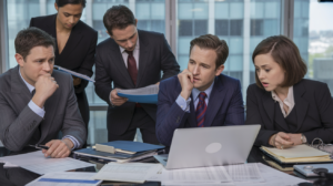 Scène réaliste d’un contrôle fiscal dans les bureaux d’une entreprise avec des employés préoccupés et un inspecteur consultant des dossiers financiers.