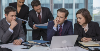 Scène réaliste d’un contrôle fiscal dans les bureaux d’une entreprise avec des employés préoccupés et un inspecteur consultant des dossiers financiers.