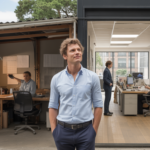 Un entrepreneur se tenant entre un petit atelier et un grand bureau moderne, illustrant le passage d'une micro‑entreprise à une société, dans une scène réaliste et lumineuse.