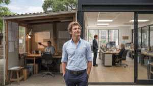 Un entrepreneur se tenant entre un petit atelier et un grand bureau moderne, illustrant le passage d'une micro‑entreprise à une société, dans une scène réaliste et lumineuse.