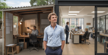 Un entrepreneur se tenant entre un petit atelier et un grand bureau moderne, illustrant le passage d'une micro‑entreprise à une société, dans une scène réaliste et lumineuse.