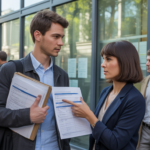 Jeune entrepreneur assistant à un rendez-vous dans un vrai bureau de l'URSSAF, discutant de ses obligations déclaratives dans une scène réaliste et lumineuse.