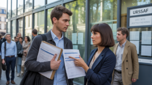 Jeune entrepreneur assistant à un rendez-vous dans un vrai bureau de l'URSSAF, discutant de ses obligations déclaratives dans une scène réaliste et lumineuse.