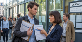 Jeune entrepreneur assistant à un rendez-vous dans un vrai bureau de l'URSSAF, discutant de ses obligations déclaratives dans une scène réaliste et lumineuse.