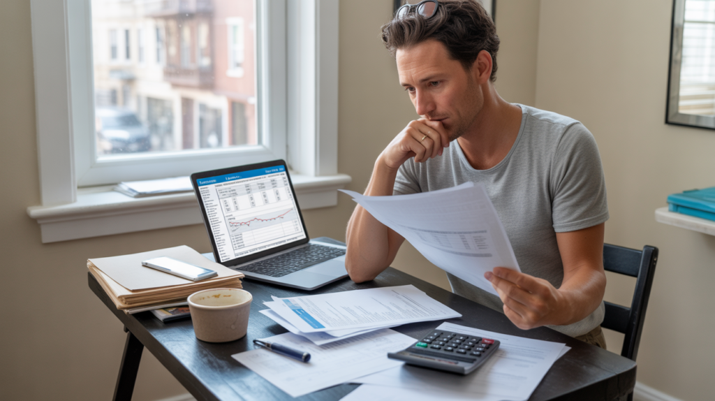 Auto-entrepreneur travaillant dans un bureau lumineux, examinant des documents fiscaux de manière réaliste.