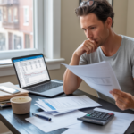 Auto-entrepreneur travaillant dans un bureau lumineux, examinant des documents fiscaux de manière réaliste.