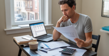 Auto-entrepreneur travaillant dans un bureau lumineux, examinant des documents fiscaux de manière réaliste.