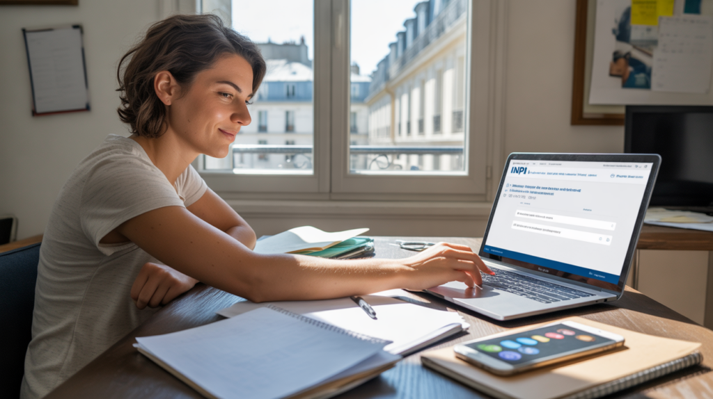 Jeune auto-entrepreneur travaillant sur son inscription INPI dans un bureau lumineux avec vue sur des bâtiments parisiens réels.