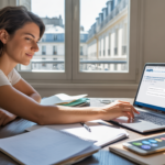 Jeune auto-entrepreneur travaillant sur son inscription INPI dans un bureau lumineux avec vue sur des bâtiments parisiens réels.