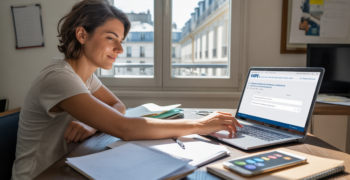 Jeune auto-entrepreneur travaillant sur son inscription INPI dans un bureau lumineux avec vue sur des bâtiments parisiens réels.