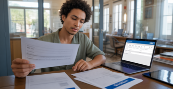 Jeune auto-entrepreneur concentré dans un bureau administratif français, consultant des documents d’immatriculation pour obtenir son numéro SIRET dans un environnement naturel et réaliste.
