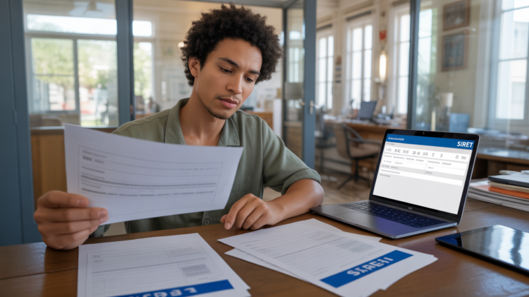 Jeune auto-entrepreneur concentré dans un bureau administratif français, consultant des documents d’immatriculation pour obtenir son numéro SIRET dans un environnement naturel et réaliste.