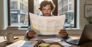 Entrepreneur analysant un business plan annoté sur un bureau lumineux avec documents, ordinateur et ambiance de travail réaliste.