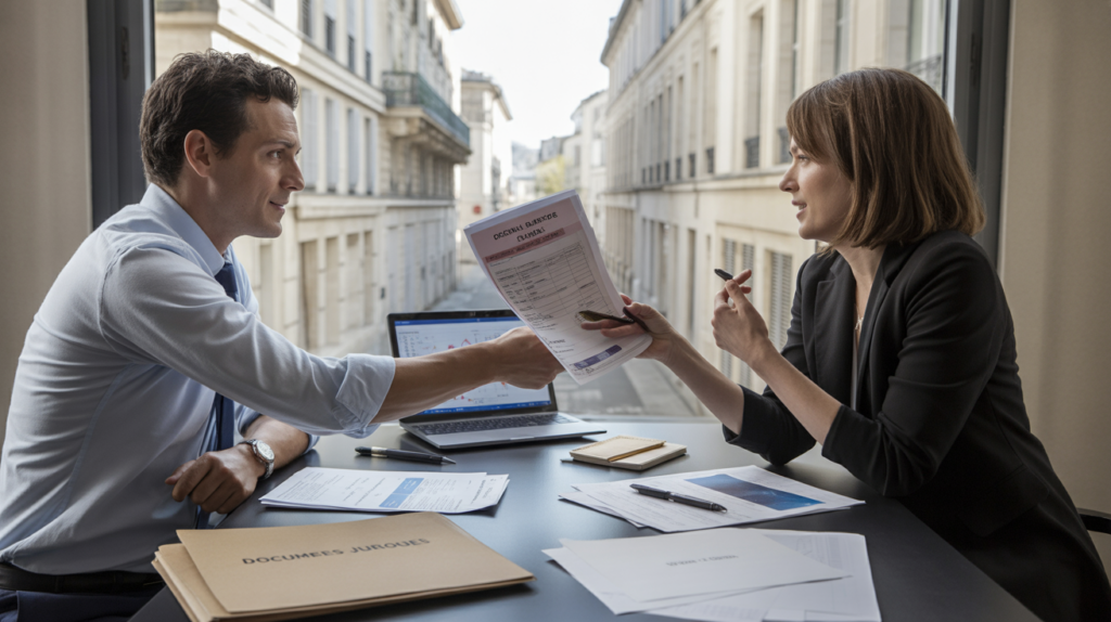 Deux associés dans un bureau français signant des documents de cession de parts sociales dans une ambiance professionnelle et réaliste.
