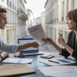 Deux associés dans un bureau français signant des documents de cession de parts sociales dans une ambiance professionnelle et réaliste.