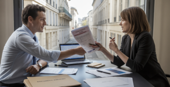 Deux associés dans un bureau français signant des documents de cession de parts sociales dans une ambiance professionnelle et réaliste.