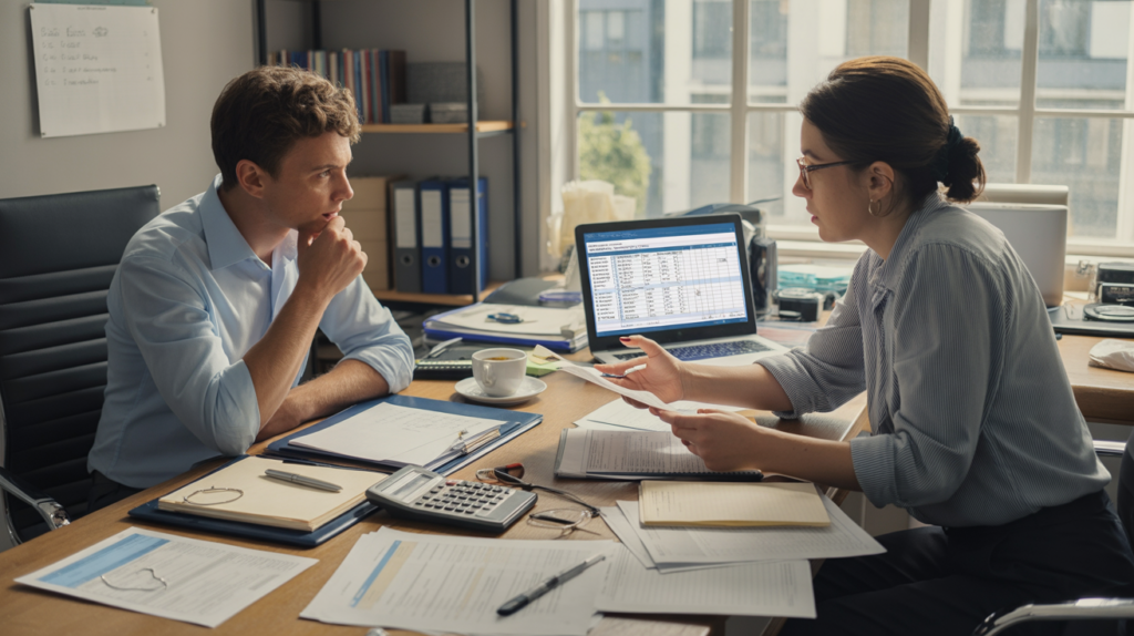 Scène réaliste dans un bureau d’expert-comptable où un entrepreneur et un comptable examinent des documents fiscaux et sociaux pour une SASU en 2026.