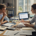 Scène réaliste dans un bureau d’expert-comptable où un entrepreneur et un comptable examinent des documents fiscaux et sociaux pour une SASU en 2026.