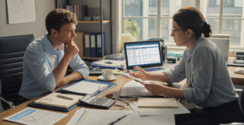 Scène réaliste dans un bureau d’expert-comptable où un entrepreneur et un comptable examinent des documents fiscaux et sociaux pour une SASU en 2026.