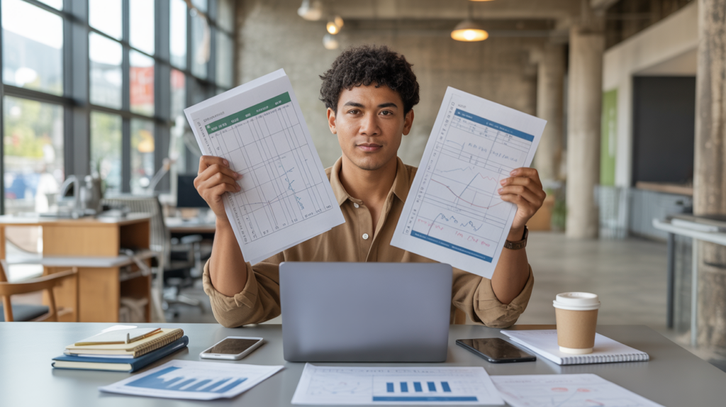 Un entrepreneur assis dans un espace de coworking moderne, comparant deux options de statut professionnel avec des documents et un ordinateur portable, dans une scène réaliste et lumineuse.