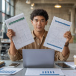 Un entrepreneur assis dans un espace de coworking moderne, comparant deux options de statut professionnel avec des documents et un ordinateur portable, dans une scène réaliste et lumineuse.