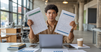 Un entrepreneur assis dans un espace de coworking moderne, comparant deux options de statut professionnel avec des documents et un ordinateur portable, dans une scène réaliste et lumineuse.