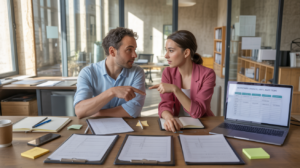 Scène réaliste dans un bureau moderne où deux professionnels examinent plusieurs documents pour choisir le bon statut juridique.
