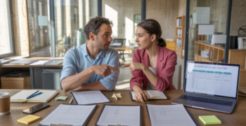 Scène réaliste dans un bureau moderne où deux professionnels examinent plusieurs documents pour choisir le bon statut juridique.