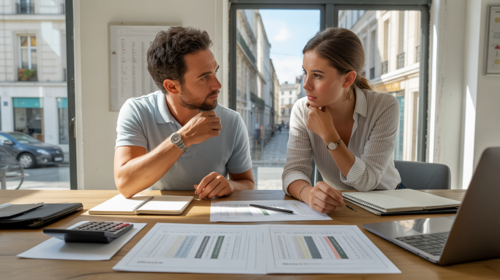 Deux entrepreneurs discutant de documents fiscaux dans un bureau moderne et lumineux avec vue sur une rue urbaine française.