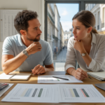 Deux entrepreneurs discutant de documents fiscaux dans un bureau moderne et lumineux avec vue sur une rue urbaine française.