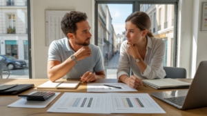 Deux entrepreneurs discutant de documents fiscaux dans un bureau moderne et lumineux avec vue sur une rue urbaine française.