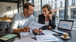 Deux dirigeants de petites entreprises comparent des documents financiers dans un espace de coworking moderne, illustrant les différences de charges sociales entre SAS et SARL.