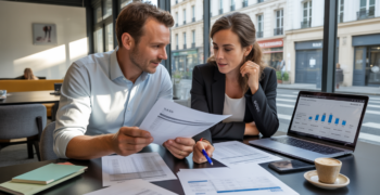 Deux dirigeants de petites entreprises comparent des documents financiers dans un espace de coworking moderne, illustrant les différences de charges sociales entre SAS et SARL.