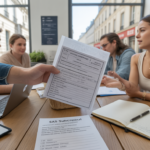 Scène réaliste d’entrepreneurs français travaillant sur des documents de création de SAS dans un espace de coworking.