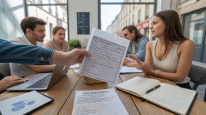 Scène réaliste d’entrepreneurs français travaillant sur des documents de création de SAS dans un espace de coworking.
