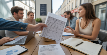 Scène réaliste d’entrepreneurs français travaillant sur des documents de création de SAS dans un espace de coworking.