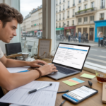 Jeune entrepreneur travaillant sur la création de sa micro‑entreprise en 2026, devant un bureau lumineux avec documents administratifs et vue réaliste sur une rue française.