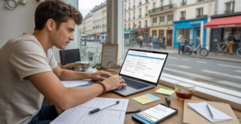 Jeune entrepreneur travaillant sur la création de sa micro‑entreprise en 2026, devant un bureau lumineux avec documents administratifs et vue réaliste sur une rue française.