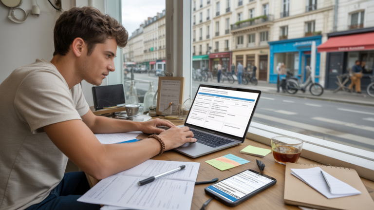 Jeune entrepreneur travaillant sur la création de sa micro‑entreprise en 2026, devant un bureau lumineux avec documents administratifs et vue réaliste sur une rue française.
