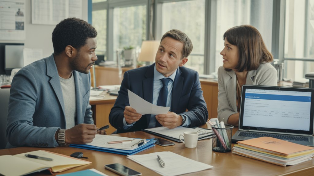 Scène réaliste dans un bureau administratif français où deux entrepreneurs finalisent la création d’une SARL avec un conseiller.