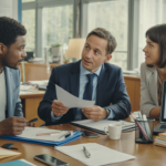 Scène réaliste dans un bureau administratif français où deux entrepreneurs finalisent la création d’une SARL avec un conseiller.