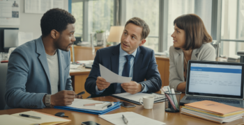 Scène réaliste dans un bureau administratif français où deux entrepreneurs finalisent la création d’une SARL avec un conseiller.