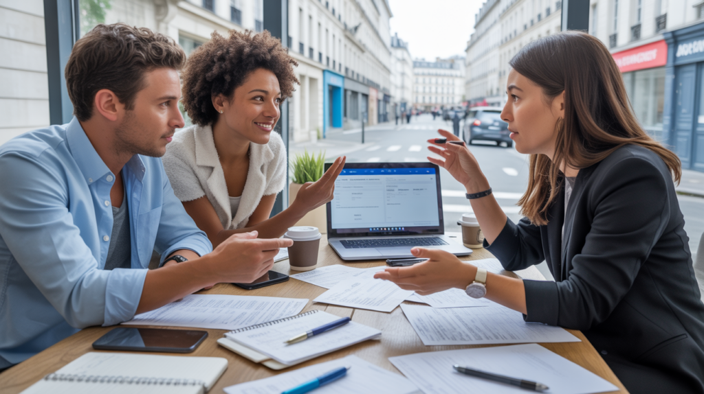 Trois professionnels discutent autour d’une table avec des documents officiels pour créer une SAS dans un bureau moderne et lumineux à Paris.