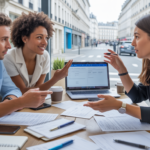 Trois professionnels discutent autour d’une table avec des documents officiels pour créer une SAS dans un bureau moderne et lumineux à Paris.
