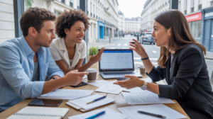 Trois professionnels discutent autour d’une table avec des documents officiels pour créer une SAS dans un bureau moderne et lumineux à Paris.