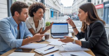 Trois professionnels discutent autour d’une table avec des documents officiels pour créer une SAS dans un bureau moderne et lumineux à Paris.