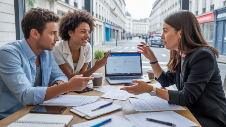 Trois professionnels discutent autour d’une table avec des documents officiels pour créer une SAS dans un bureau moderne et lumineux à Paris.