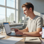 Un entrepreneur concentré remplissant des démarches en ligne pour créer une entreprise dans un bureau moderne et lumineux.