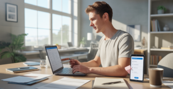 Un entrepreneur concentré remplissant des démarches en ligne pour créer une entreprise dans un bureau moderne et lumineux.