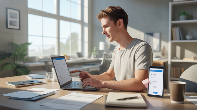 Un entrepreneur concentré remplissant des démarches en ligne pour créer une entreprise dans un bureau moderne et lumineux.